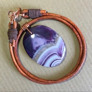 16” Beautiful Purple Agate Leather Choker Necklace